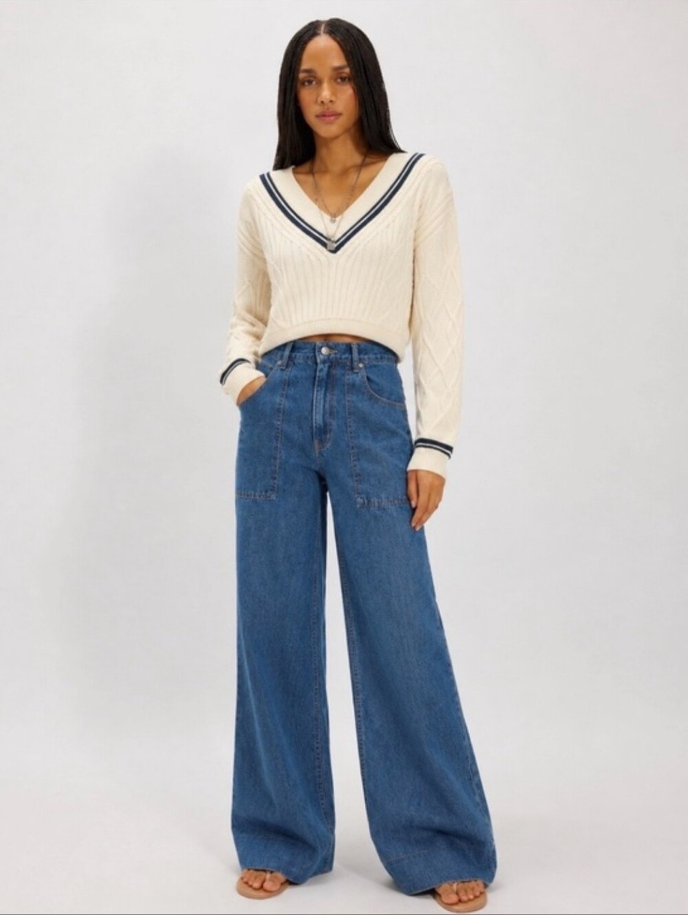 4. KOTN Cable Knit Cream Navy-stripe Sweater